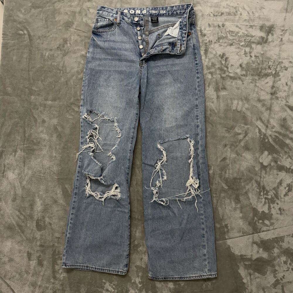 SONG Street Wide Leg Jeans Size 9/29 Distressed Blue Denim Button Fly